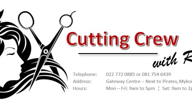 The logo of Cutting Crew Hair Salon in Langebaan with drawing of a male and female face, with scissors, indicating a Hair Salon