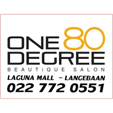 Logo of One 80 Degree Beautique Salon in Langebaan. Black letters on white background with 80 on gold.