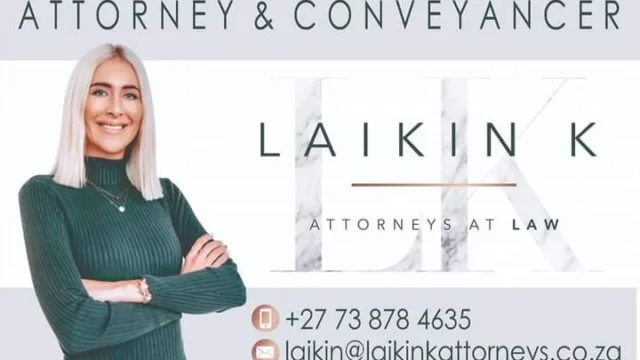 The Business card of Laikin K Attorneys in Langebaan with a photo and contact details of the Attorney on white back ground