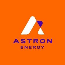 The brand Astron Energy with orange background and writing in white and purple.