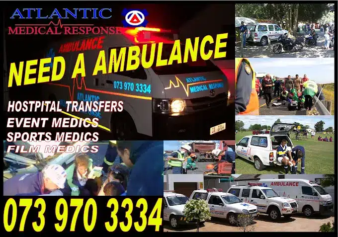 Different pictures show hospital transfers, event, sport and film medical services provided by Atlantic Medical Response Services in Langebaan with bright yellow letters for contact details.