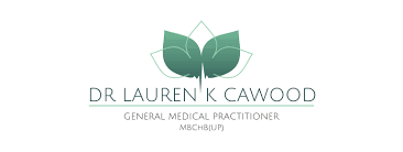 The logo for Dr Lauren K Cawood in Langebaan ,with a green leave on a white background and grey letters.
