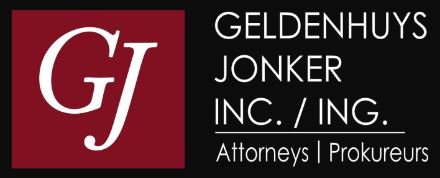 The logo of Geldenhuys Jonker Attornys in Langebaan with white letters on black and dark red background.