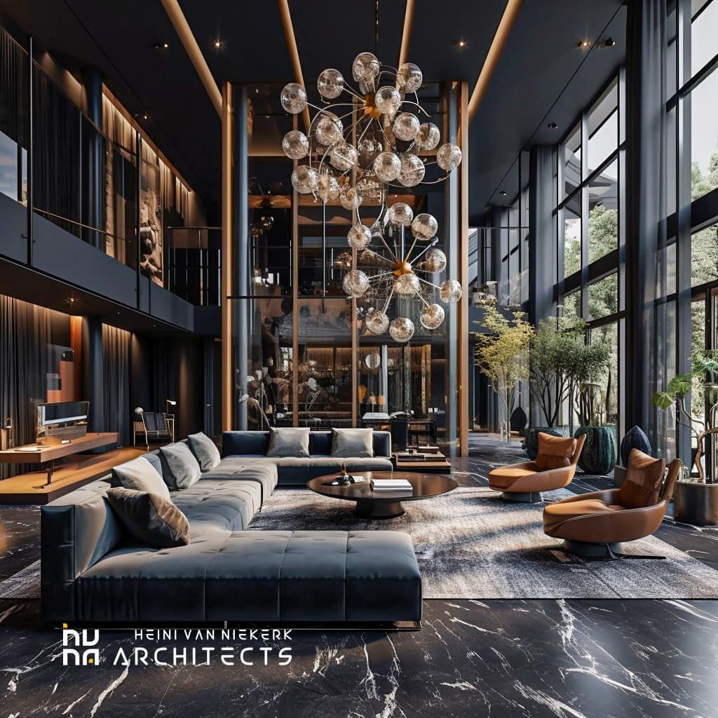 Luxury interior in a big double volume living area with double floor glass panels , massive chandelier and ceiling lighting with dark interior by Heini van Niekerk Architects in Langebaan.