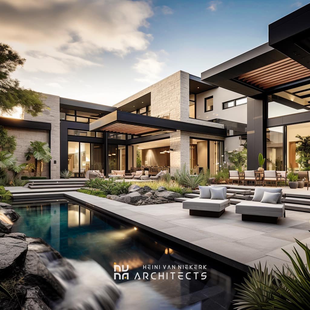 The courtyard of a double storey house designed by Heini Van Niekerk Architects in Langebaan with dark swimming pool, tiled outside area and landscaping around the pool, at sunset.