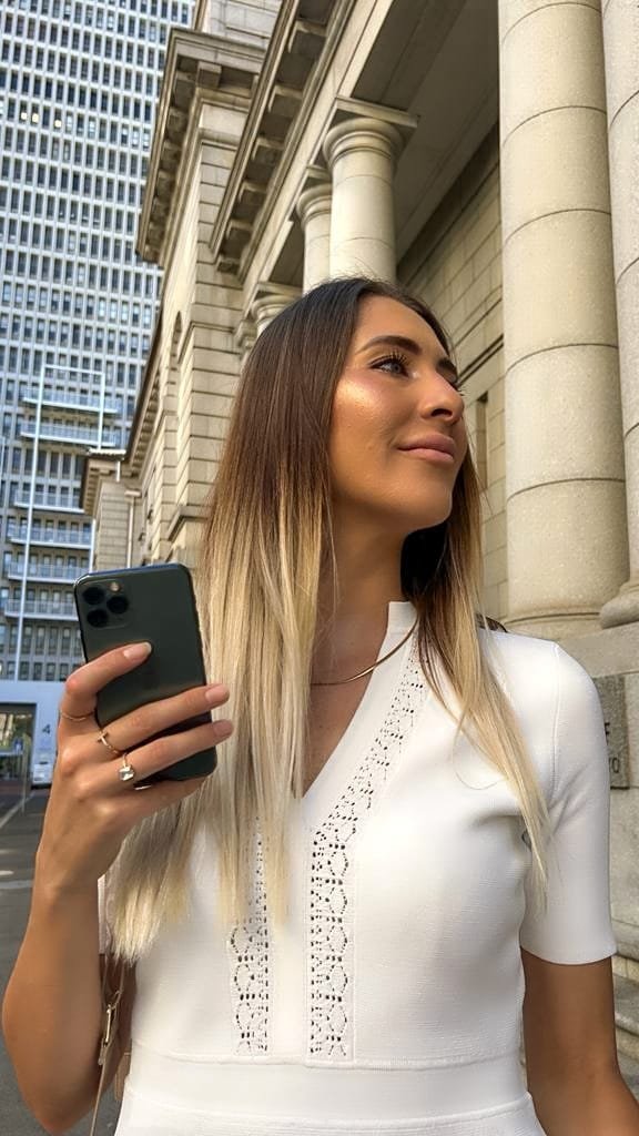 A Picture of Laikin Krioukamp in a white dress in front of Supreme Court as an attorney at Laikin K Attorneys in Langebaan.