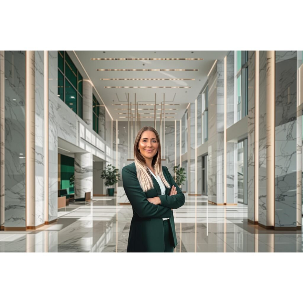 Laikin Kroukamp as an attorney at Laikin K Attorneys in Langebaan in an entrance hall with lots of white marble on floors and sides.