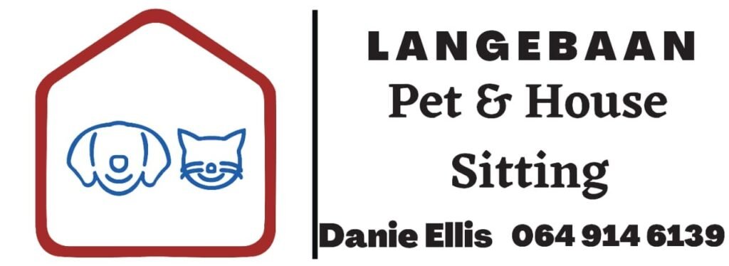 On this white background is signage in black of a drawing of a red house with a cat and dog inside. This is the business card and logo for Langebaan Pet & House Sitting Services.