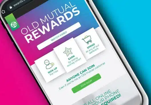 A mobile device with Old Mutual Rewards on the screen, providing Old Mutual Financial Services in Langbeaan.
