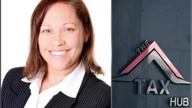 A profile picture of Sharon Jones on the one side and the logo of The Tax Hub on a black background on the other side.