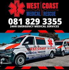 A Picture of two emergency vechiles with bold signage in red on the side and contact details of West Coast Medical Rescue in Langebaan for emergency responses.