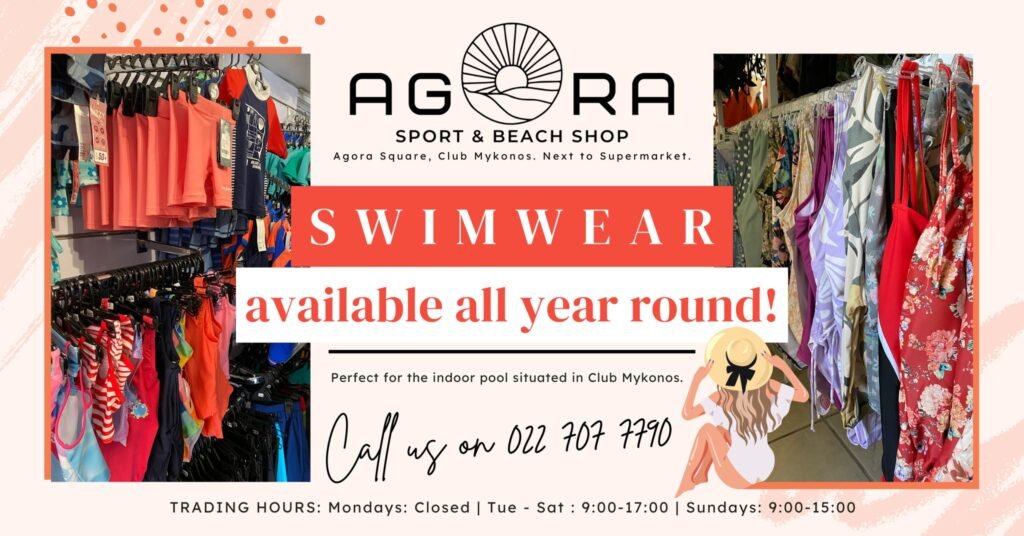 This picture are devided in three parts. Two show different colours of swimwear for adults and children. The centre has a drawing of a lady with white swimwear and straw hat and all the words are in black and red, promoting Agora Sport & Beach Shop in Langebaan.