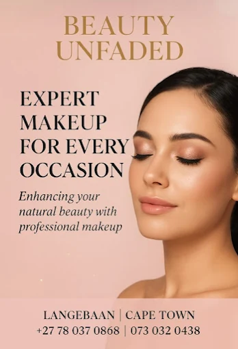 The face of a lady with black hair showing beautiful skin on a dusky pink background and letters in black.