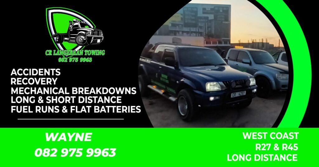 A Tow truck in the picture with logo and writing in white and green on dark background by Cr langebaan Towing as a breakdown service.