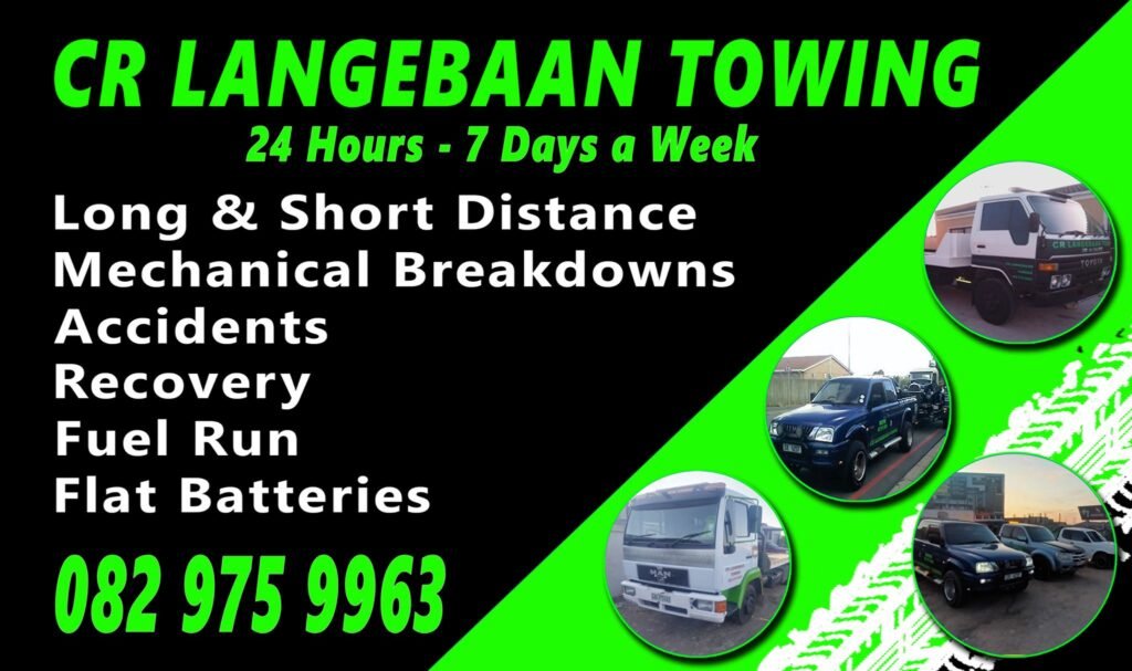 Four different options for towing any breakdown by Cr Langebaan Towing as shown by pictures with green background and services in white and green letters on dark background.