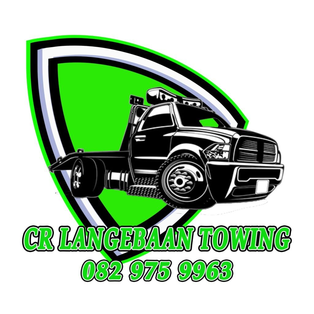 The grapics of a truck with green letters on a white background as the logo for CR Langebaan Towing Services inn Langebaan.