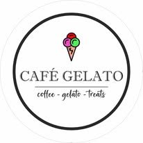 The logo of Cafe Gelato with a circle design on white background and using grey letters and red and green graphics. in the shape of an icecream.