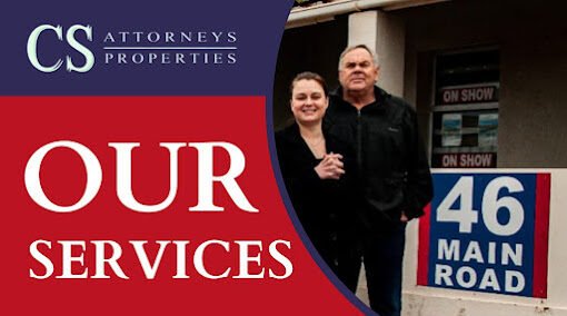 Chris smit and assistant in front of offices of Chris Smit Attorneys in Langebaan with red and blue side panel on picture indicating services they offer in Langebaan.