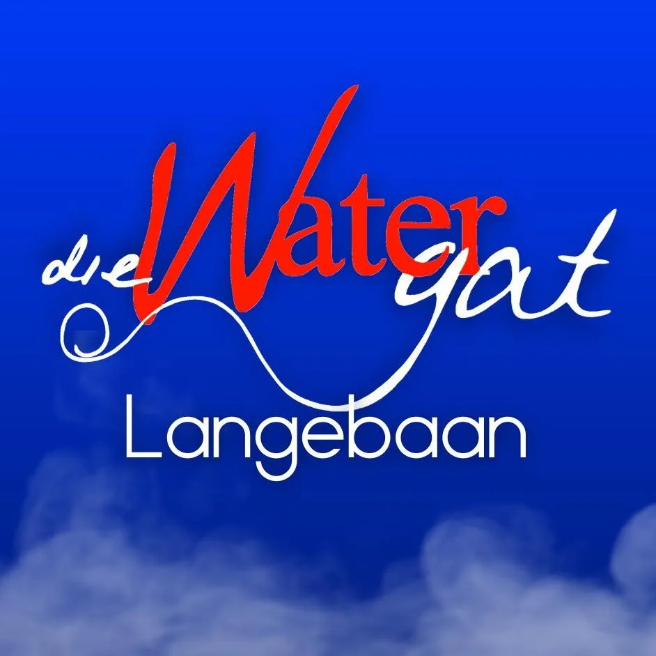 The logo of Die Watergat Langebaan with blue background and letters in Red and white.