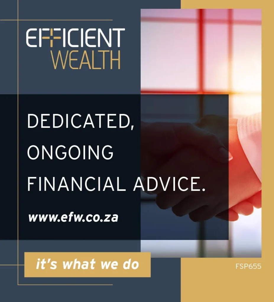 The Business card of Efficient Wealth in Langebaan with background picture of an office at sunrise with shades of grey for wording contrast to picture.