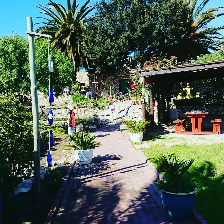 Entrance among a path and garden to FRIENDS Bar in Langebaan with outside seating area under shade.