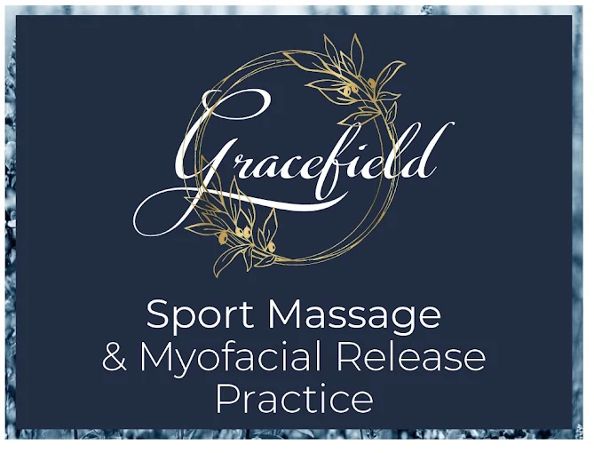 The logo of Gracefield Sports massage on dark background, letters in white and graphics in gold.
