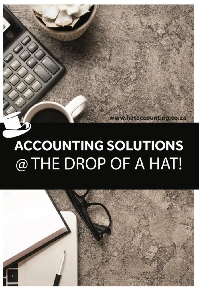 The promtional picture for Hat Accounting Services in Langebaan that consist of dark picture with cup of coffee, glasses, notepad, calculator on a desk with brand in white on black background.