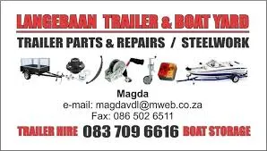 The langebaan Trailer & Boat Yard board with white background, letters in black and red with pictures of services they offer.