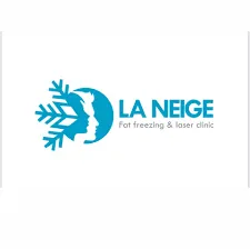 The logo of La Neige in Langebaan with bright blue letters and graphics with grey letters on white background.