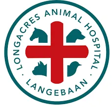 The logo of Longacres Animal Hospital in Langebaan with a red crossin the middle of a circle with wording and animals in dark green colour