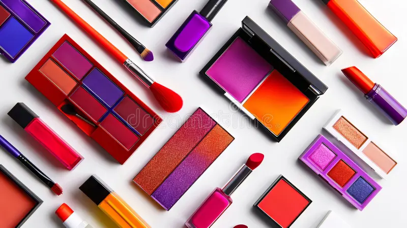 Different colours of makeup in shades of orange and purple on a white table used by Zandri Cloete Makeup Artist in Langebaan