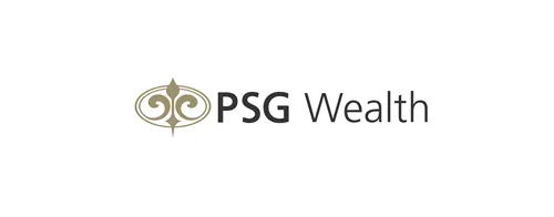 The logo of PSG Wealth in Langebaan on a white background, letters in black and graphics in gold.