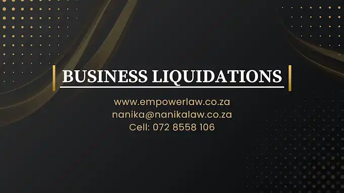 A black and gold graphics for the business card of Prinsloo & Associates in Langebaan with white and gold letters displaying contact details.