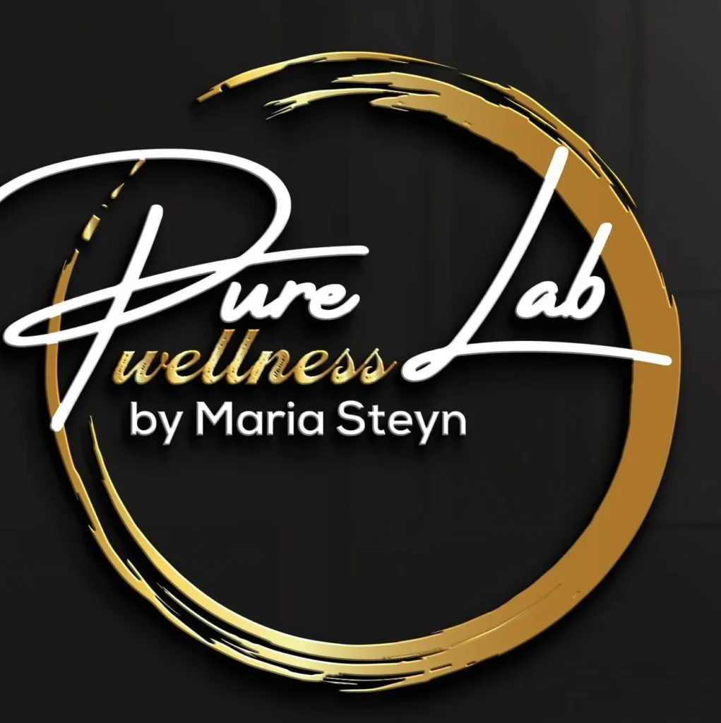 The logo of Pure lab Wellness as a Beauty salon in Langebaan with black background, letters in white and graphics in gold.