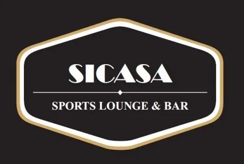 The logo of SiCasa Sports Lounge & Bar in Langebaan, on a dark brown background, letters in white with gold trim.