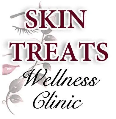 The logo of Skin Treats Wellness Clinic in Langebaan with letters in grey and dark red on white background and graphics in grey.