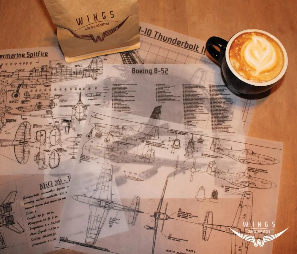 Sketches of planes on a table with coffee and logo in white of Wings Coffee Roasters in Langebaan.