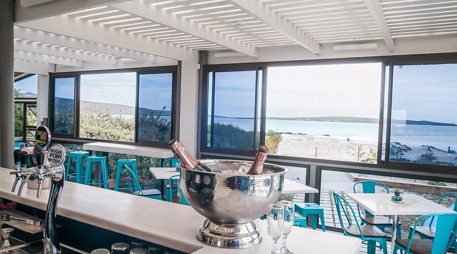 The view from the bar at wunderbar towards the lagoon through indows with teal colour chairs and champane in a ice bucket on the counter.