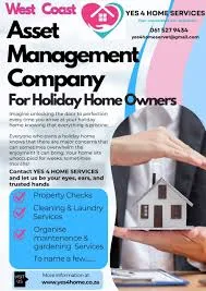 Half of the screen is two hands above and below a doll house with a black blaser and white shirt in the background, while lettering on the left side is black letters on white and blue background promoting Yes 4 Home Cleaning Services.