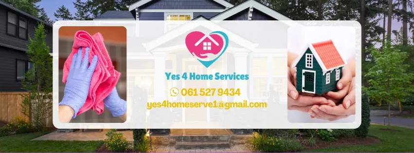 With a house in the background and a picture of a hand cleaning a window introduce Yes 4 Home Cleaning Services as a Cleaning Service in Langebaan