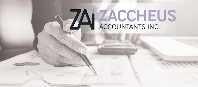 Zaccheus Accounting Services in Langebaan with picture of an accountant with pen in the hand and calculator working through financial data with the logo in black and purple colours.