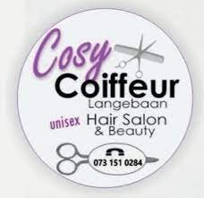 The logo of Cosy Coiffeur in a circle with white bckground and letters in black, purple and grey