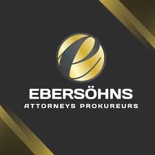 The dark logo of Ebersohns Attorneys in Langebaan with letters in white and gold and graphics in gold as a business card.
